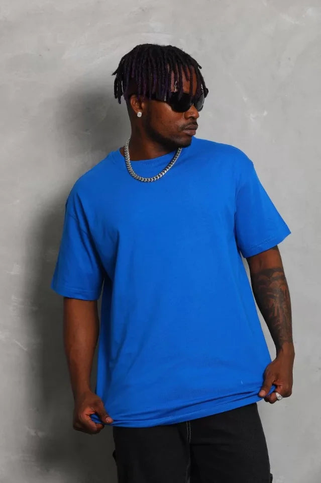 Unisex Oversize Düz Bisiklet Yaka T-Shirt - Mavi (93179)
