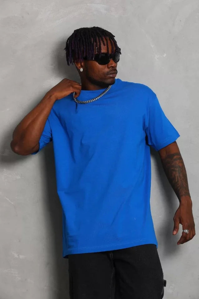 Unisex Oversize Düz Bisiklet Yaka T-Shirt - Mavi (93179)
