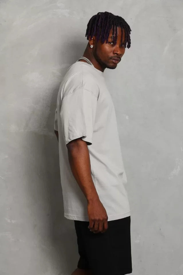 Unisex Oversize Düz Bisiklet Yaka T-Shirt - Gri (93180)