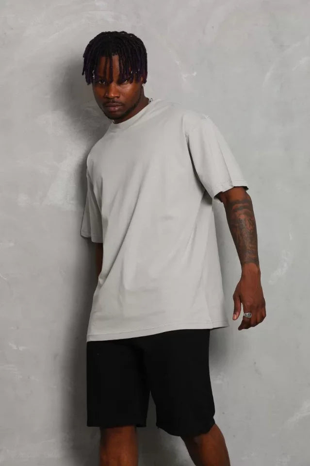 Unisex Oversize Düz Bisiklet Yaka T-Shirt - Gri (93180)