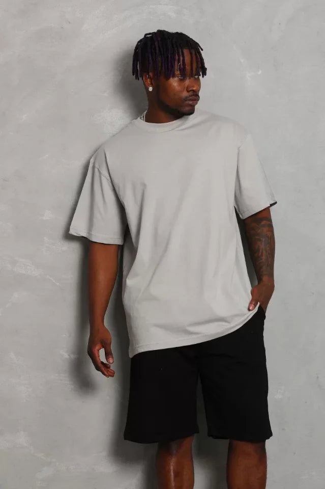 Unisex Oversize Düz Bisiklet Yaka T-Shirt - Gri (93180)