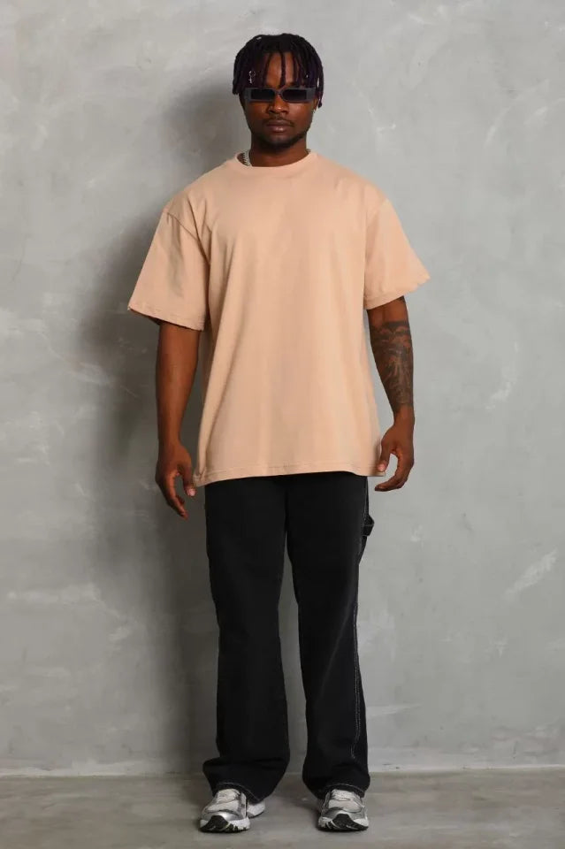 Unisex Oversize Düz Bisiklet Yaka T-Shirt - Bej (93181)