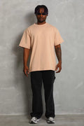 Unisex Oversize Düz Bisiklet Yaka T-Shirt - Bej (93181)