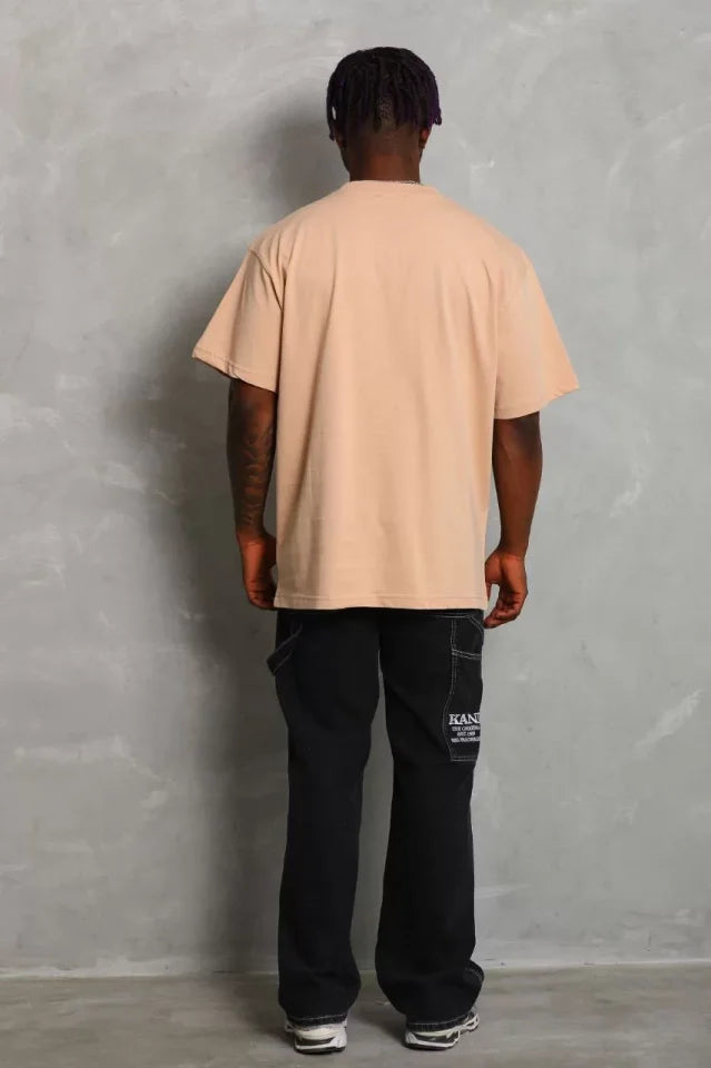 Unisex Oversize Düz Bisiklet Yaka T-Shirt - Bej (93181)