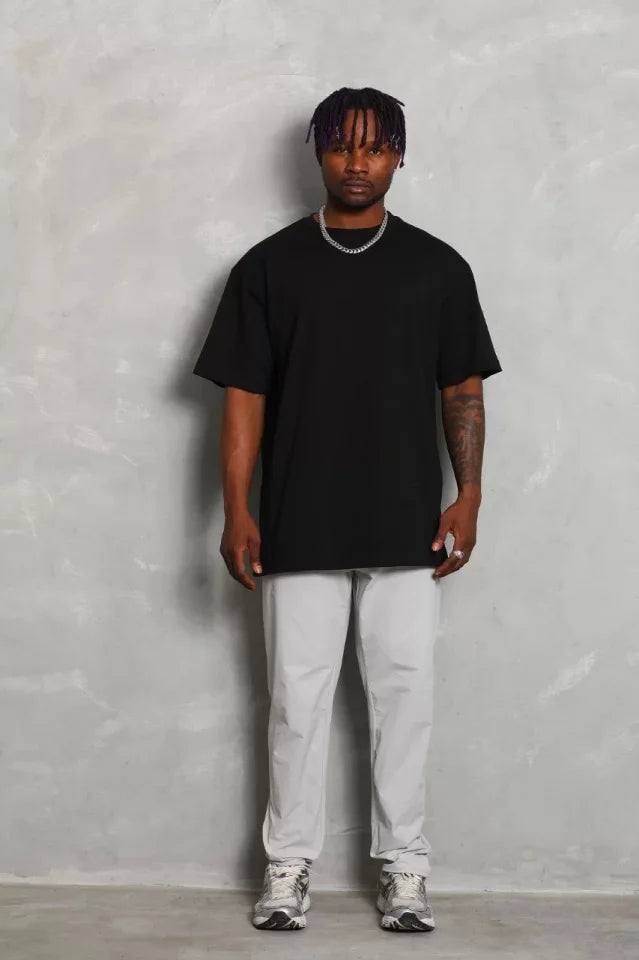 Unisex Oversize Düz Bisiklet Yaka T-Shirt - Siyah (93183)