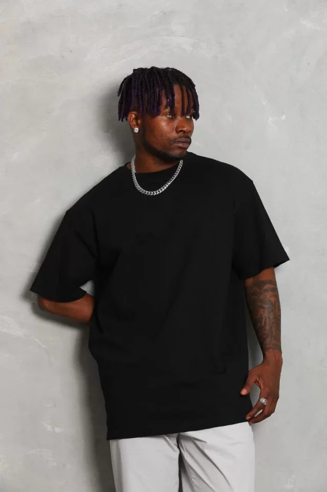 Unisex Oversize Düz Bisiklet Yaka T-Shirt - Siyah (93183)