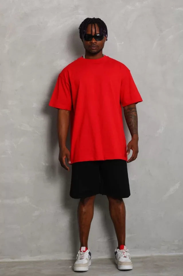 Unisex Oversize Düz Bisiklet Yaka T-Shirt - Kırmızı (93184)