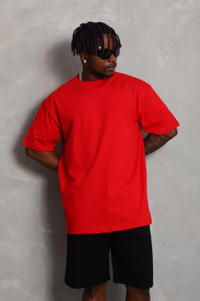 Unisex Oversize Düz Bisiklet Yaka T-Shirt - Kırmızı (93184)