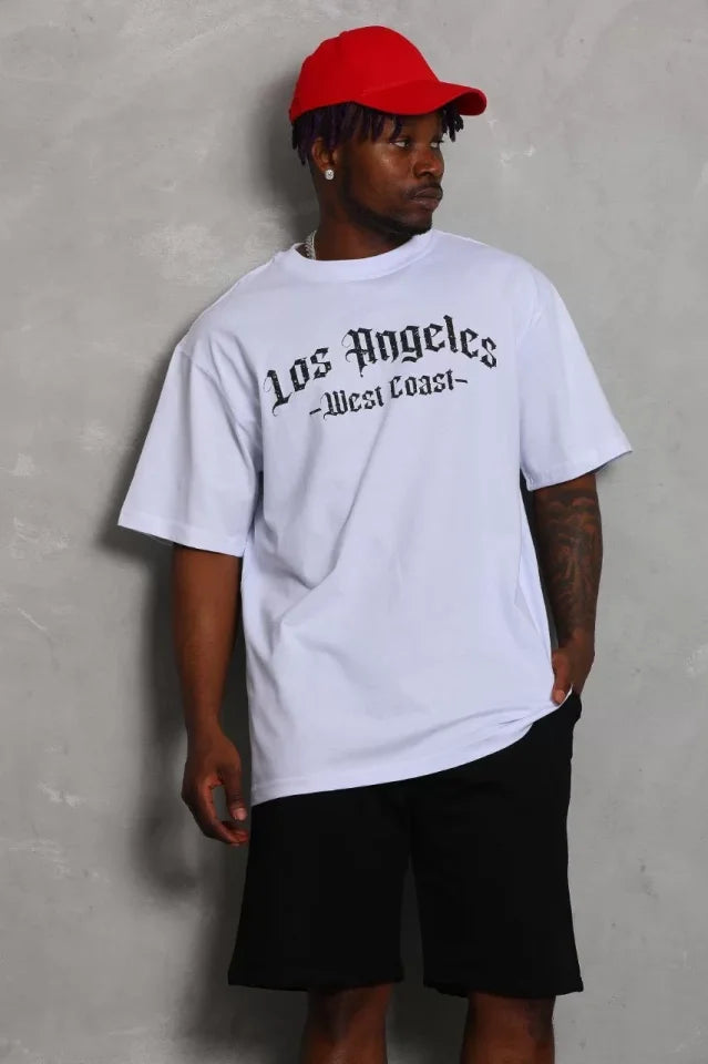Unisex Oversize Baskılı Bisiklet Yaka T-Shirt - Beyaz (93191)