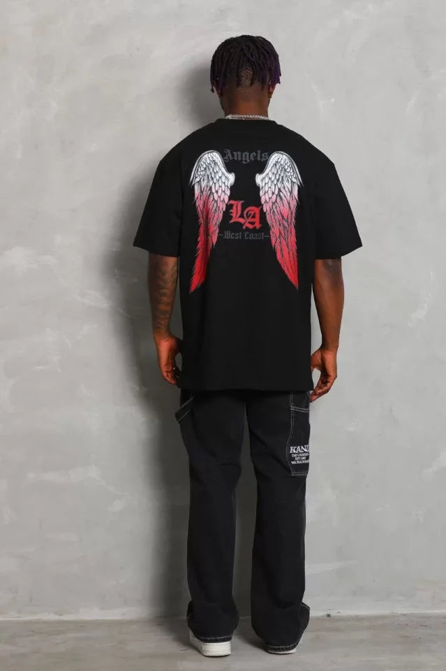 Unisex Oversize Baskılı Bisiklet Yaka T-Shirt - Siyah (93192)