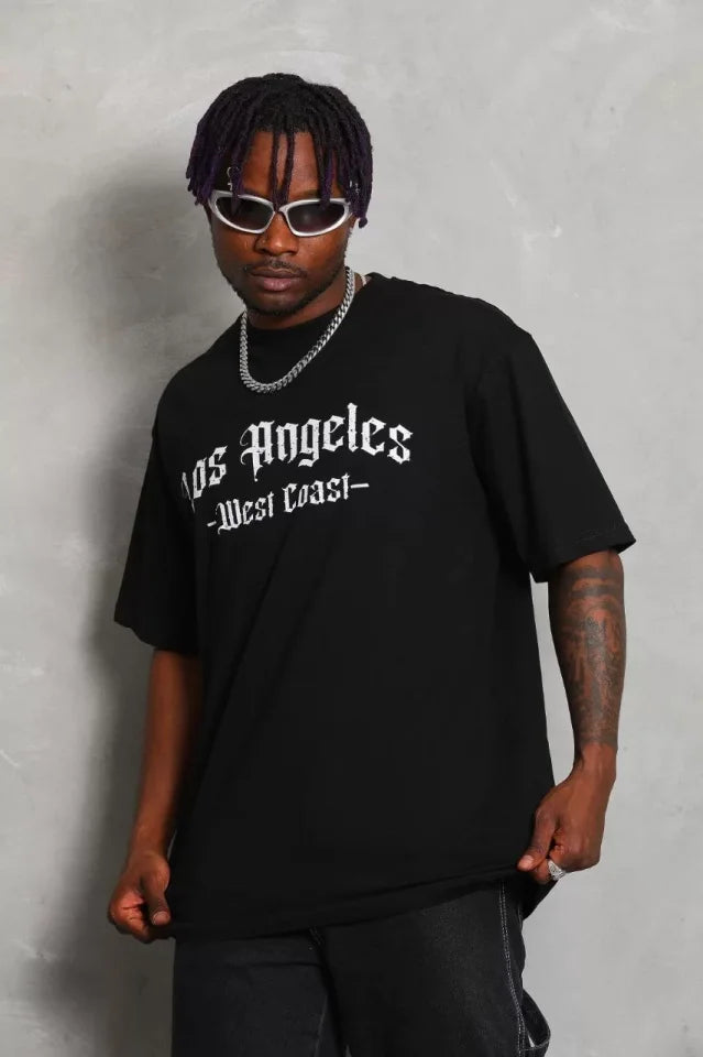 Unisex Oversize Baskılı Bisiklet Yaka T-Shirt - Siyah (93192)