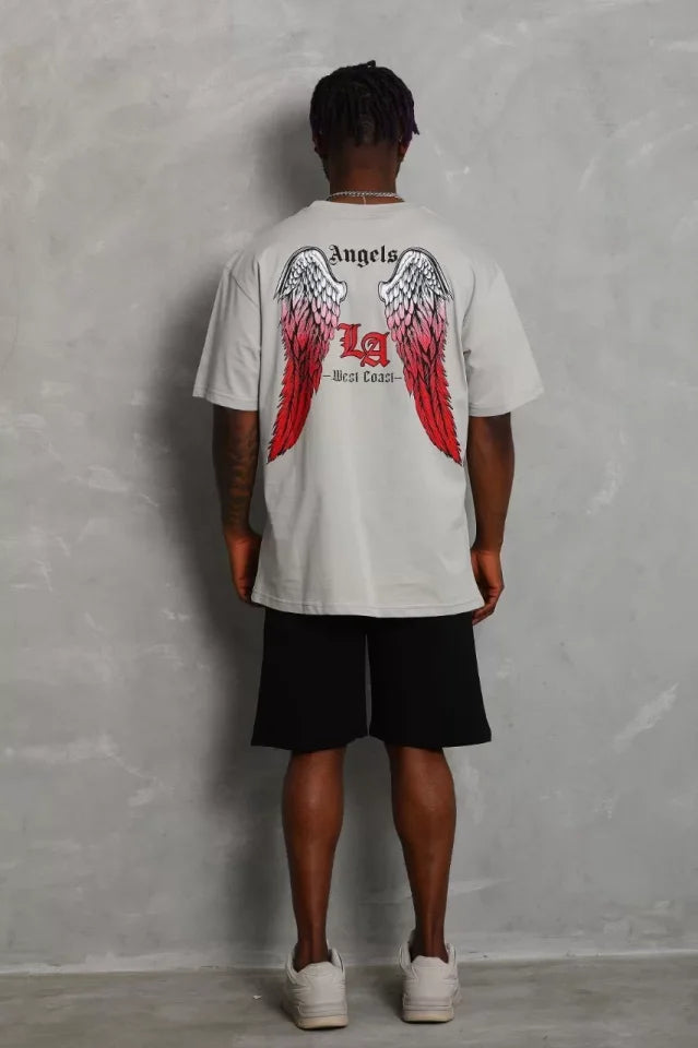 Unisex Oversize Baskılı Bisiklet Yaka T-Shirt - Gri (93193)