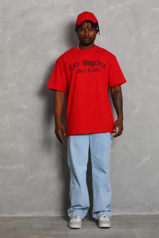 Unisex Oversize Baskılı Bisiklet Yaka T-Shirt - Kırmızı (93194)