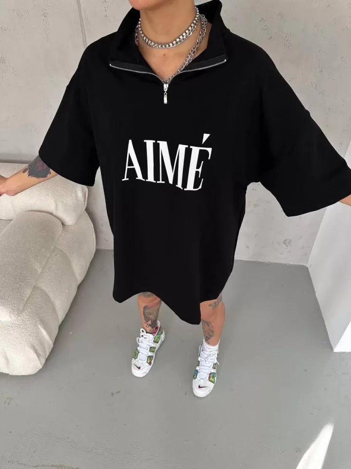 Unisex Yarım Fermuarlı Baskılı T-Shirt - Siyah (95052)