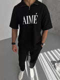 Unisex Yarım Fermuarlı Baskılı T-Shirt - Siyah (95053)