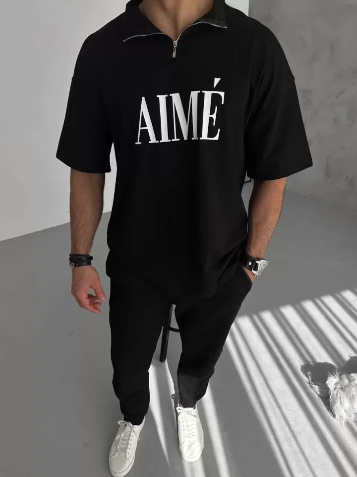 Unisex Yarım Fermuarlı Baskılı T-Shirt - Siyah (95053)
