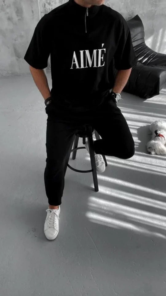 Unisex Yarım Fermuarlı Baskılı T-Shirt - Siyah (95053)