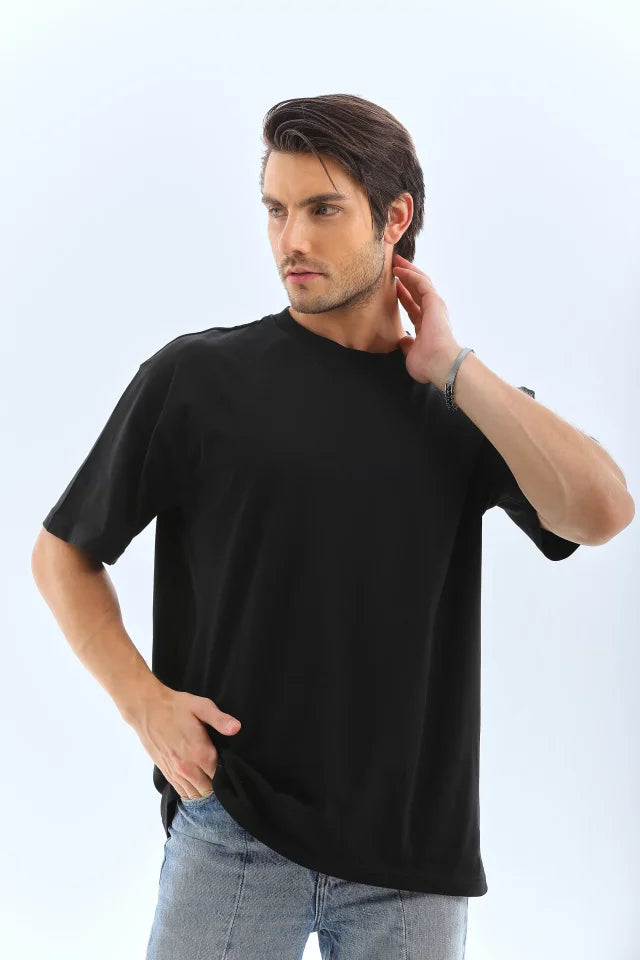 Unisex Oversize Düz Bisiklet Yaka T-Shirt - Siyah (95717)