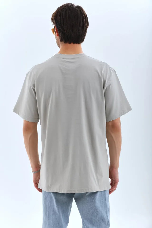 Unisex Oversize Taşlı Bisiklet Yaka T-Shirt - Gri (95725)