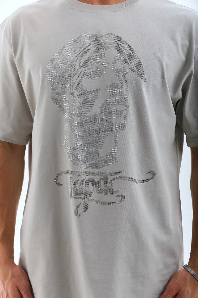 Unisex Oversize Taşlı Bisiklet Yaka T-Shirt - Gri (95725)