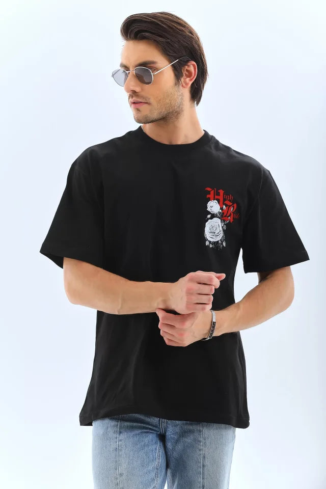 Unisex Oversize Baskılı Bisiklet Yaka T-Shirt - Siyah (95732)