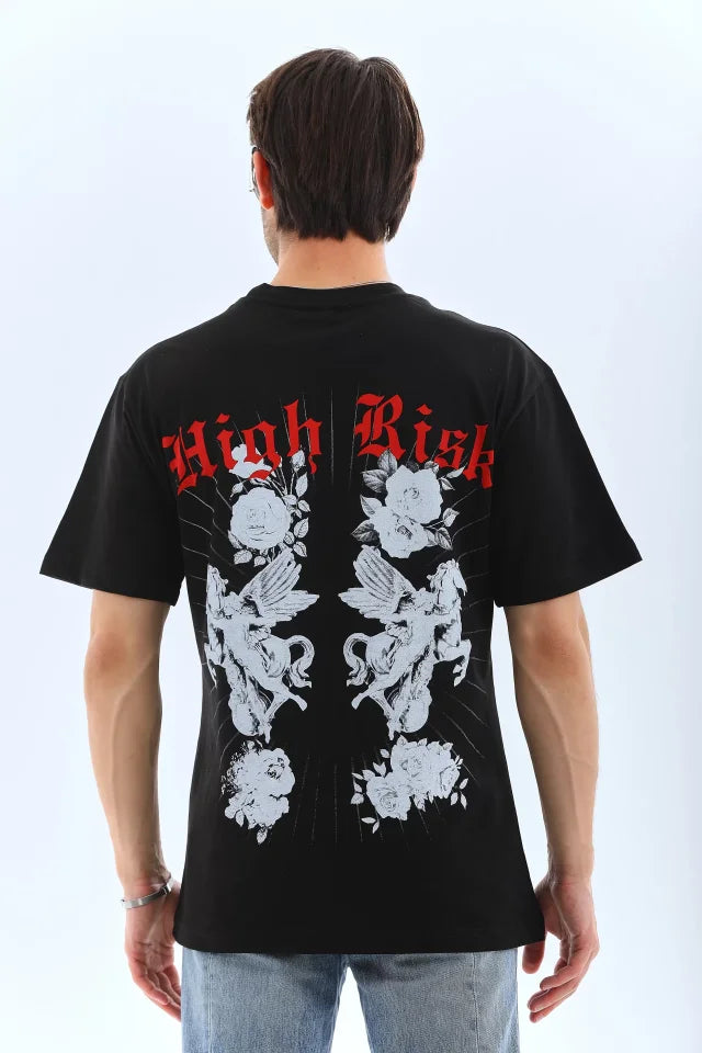 Unisex Oversize Baskılı Bisiklet Yaka T-Shirt - Siyah (95732)