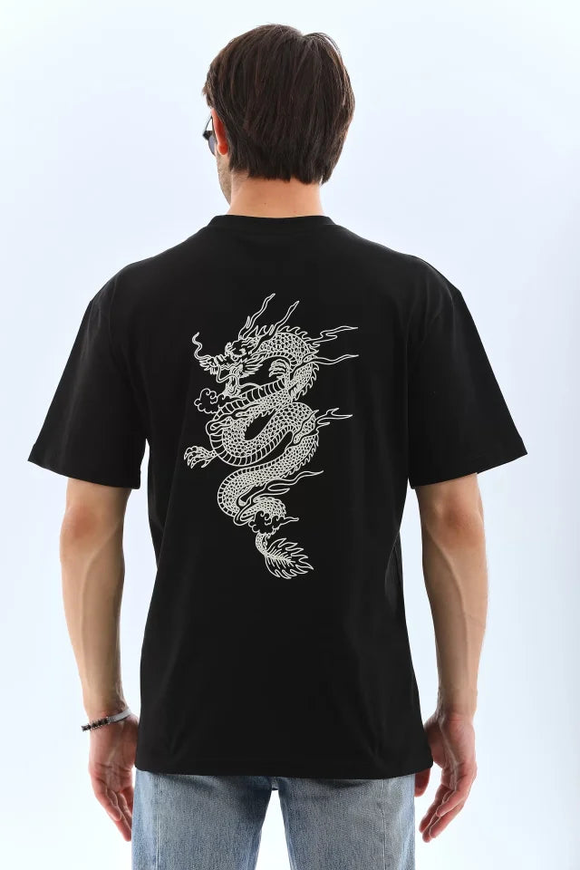 Unisex Oversize Baskılı Bisiklet Yaka T-Shirt - Siyah (95733)
