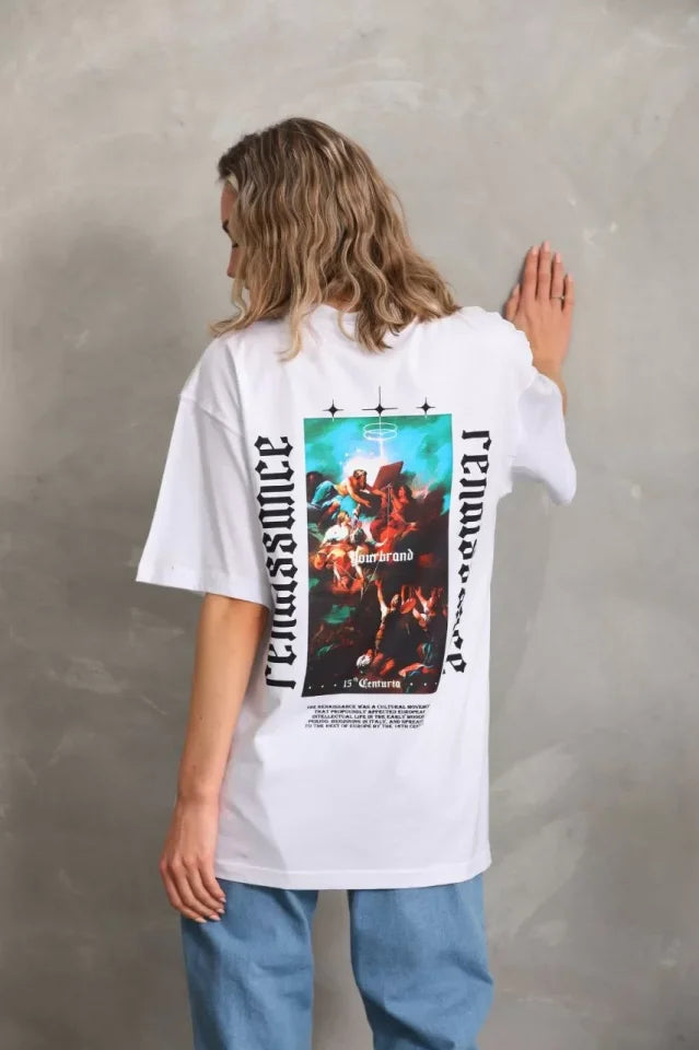 Unisex Baskılı Oversize T-Shirt - Beyaz (96228)