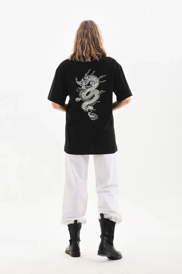 Unisex Baskılı Oversize T-Shirt - Siyah (96245)