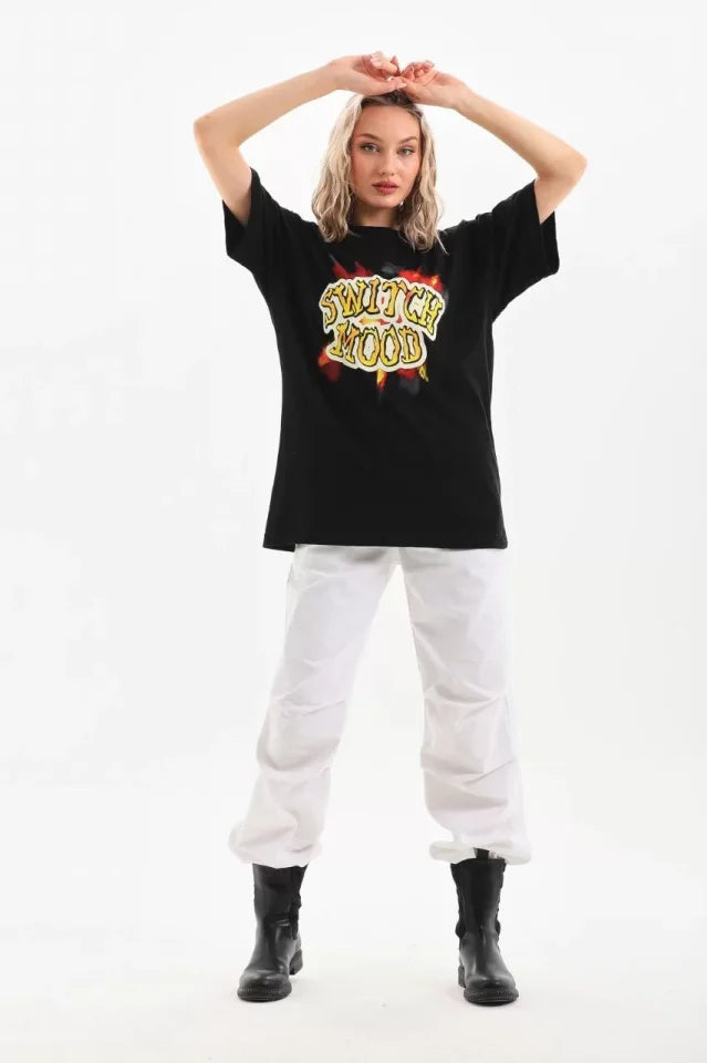 Unisex Baskılı Oversize T-Shirt - Siyah (96245)