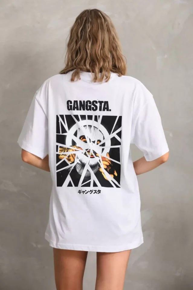 Unisex Baskılı Oversize T-Shirt - Beyaz (96248)