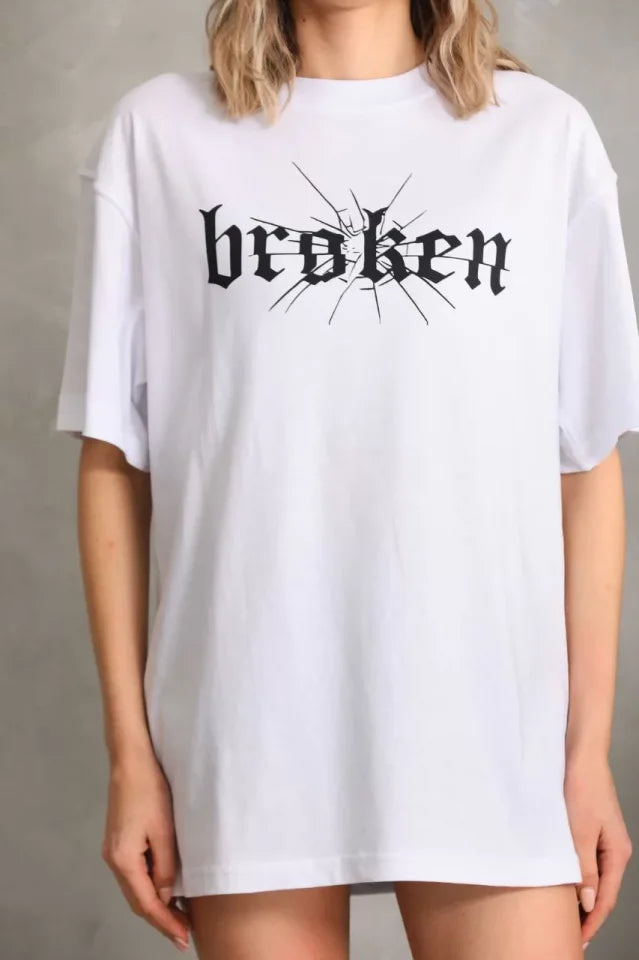 Unisex Baskılı Oversize T-Shirt - Beyaz (96248)