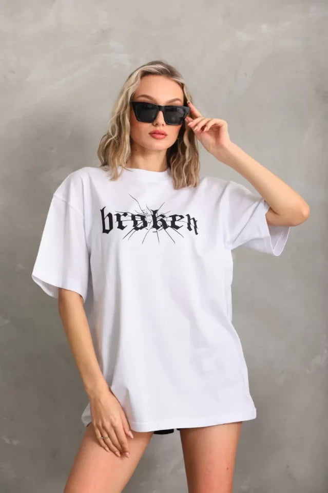 Unisex Baskılı Oversize T-Shirt - Beyaz (96248)