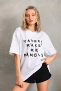 Unisex Baskılı Oversize T-Shirt - Beyaz (96249)