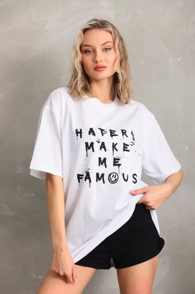 Unisex Baskılı Oversize T-Shirt - Beyaz (96249)