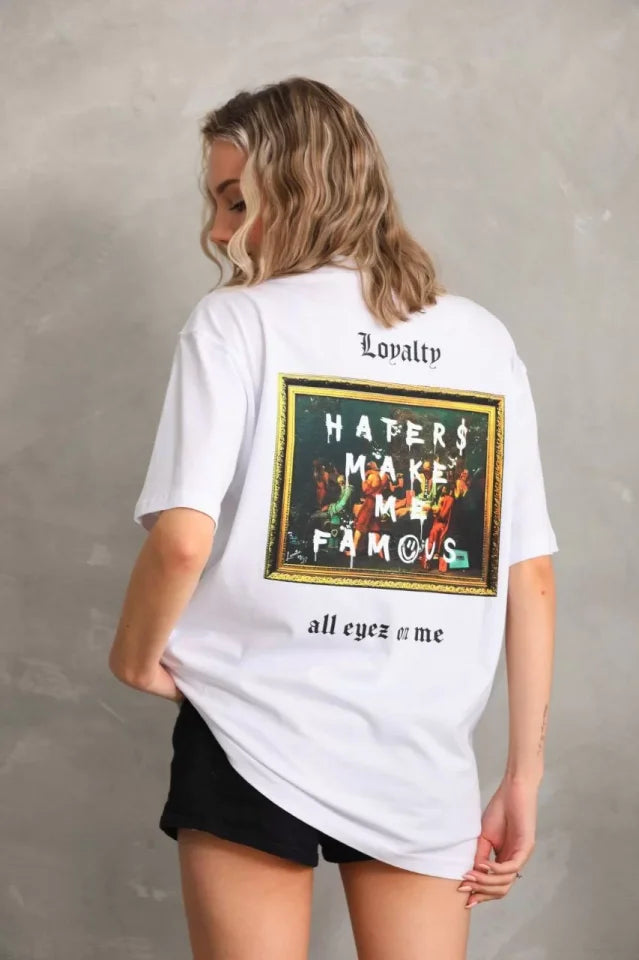 Unisex Baskılı Oversize T-Shirt - Beyaz (96249)
