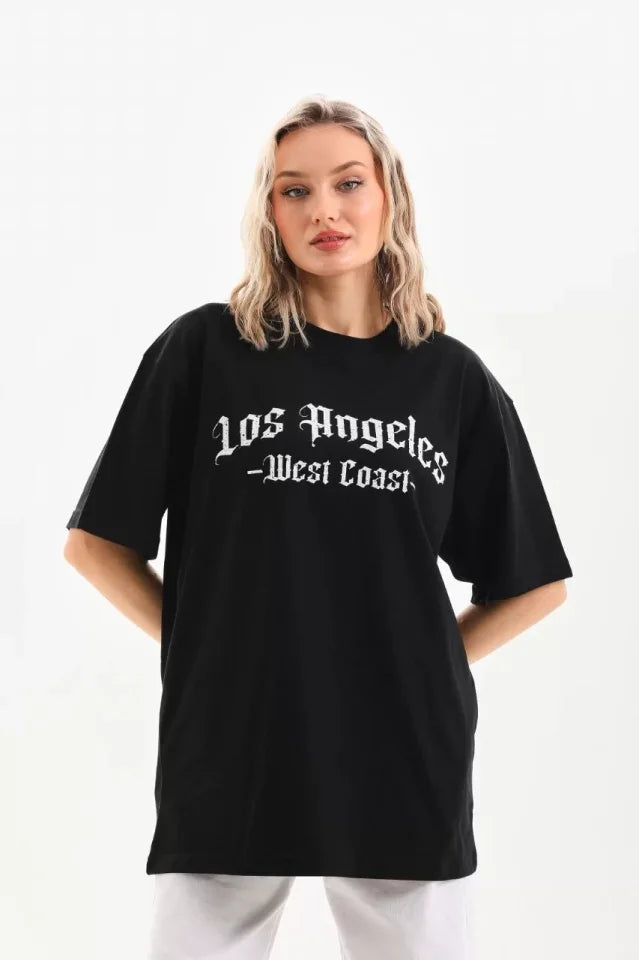 Unisex Baskılı Oversize T-Shirt - Siyah (96251)