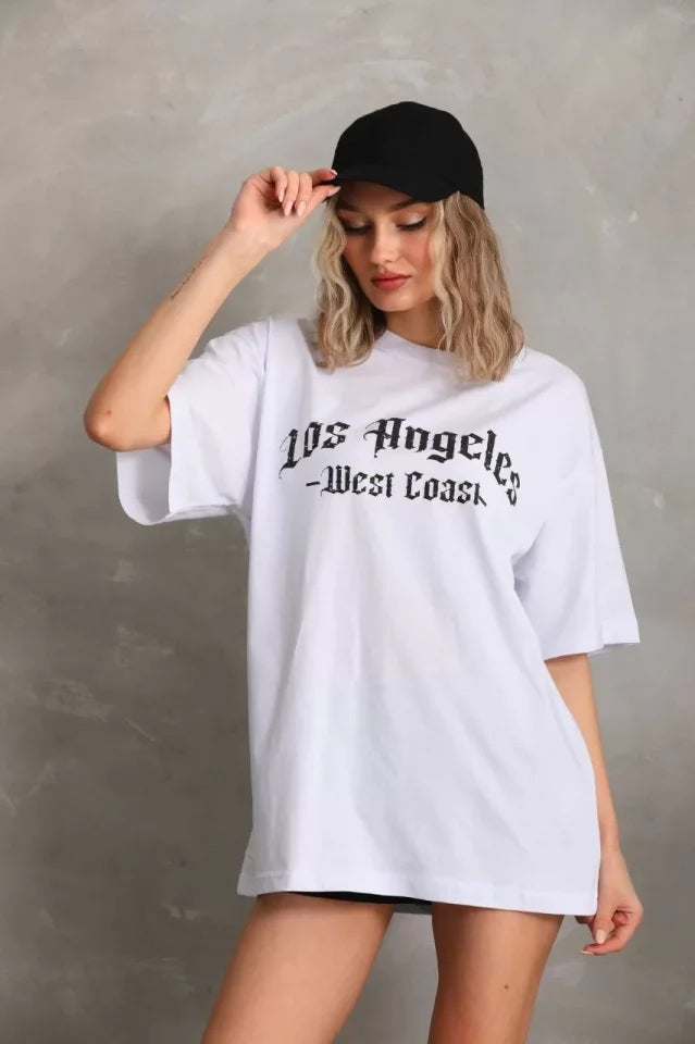 Unisex Baskılı Oversize T-Shirt - Beyaz (96252)