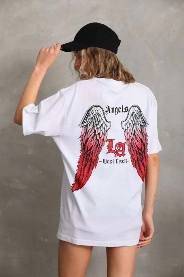 Unisex Baskılı Oversize T-Shirt - Beyaz (96252)