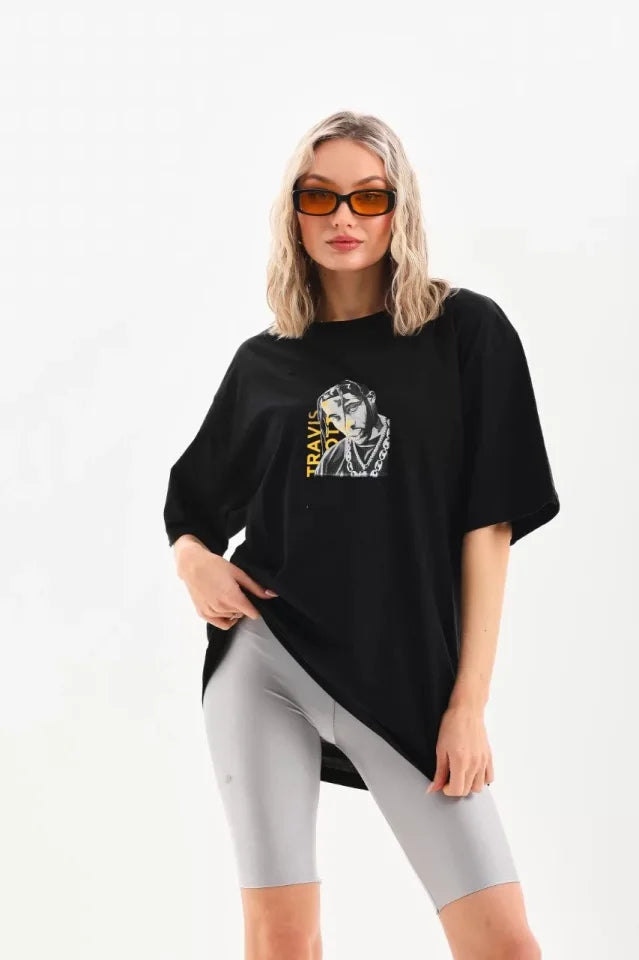 Unisex Baskılı Oversize T-Shirt - Siyah (96308)
