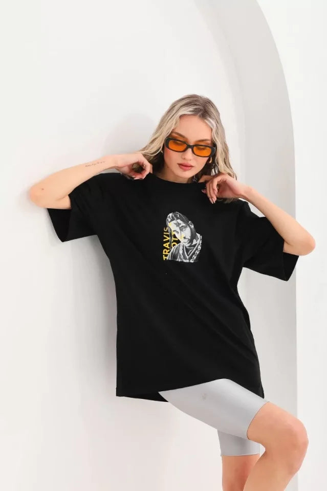 Unisex Baskılı Oversize T-Shirt - Siyah (96308)