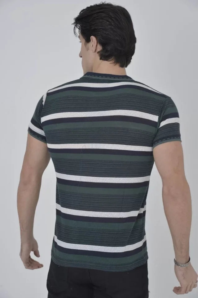 Erkek Yakalı Slim Fit Dokuma Çizgili T-Shirt - Haki (97365)