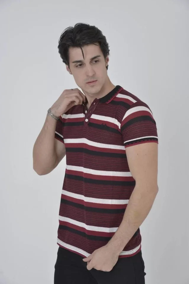 Erkek Yakalı Slim Fit Dokuma Çizgili T-Shirt - Bordo (97366)