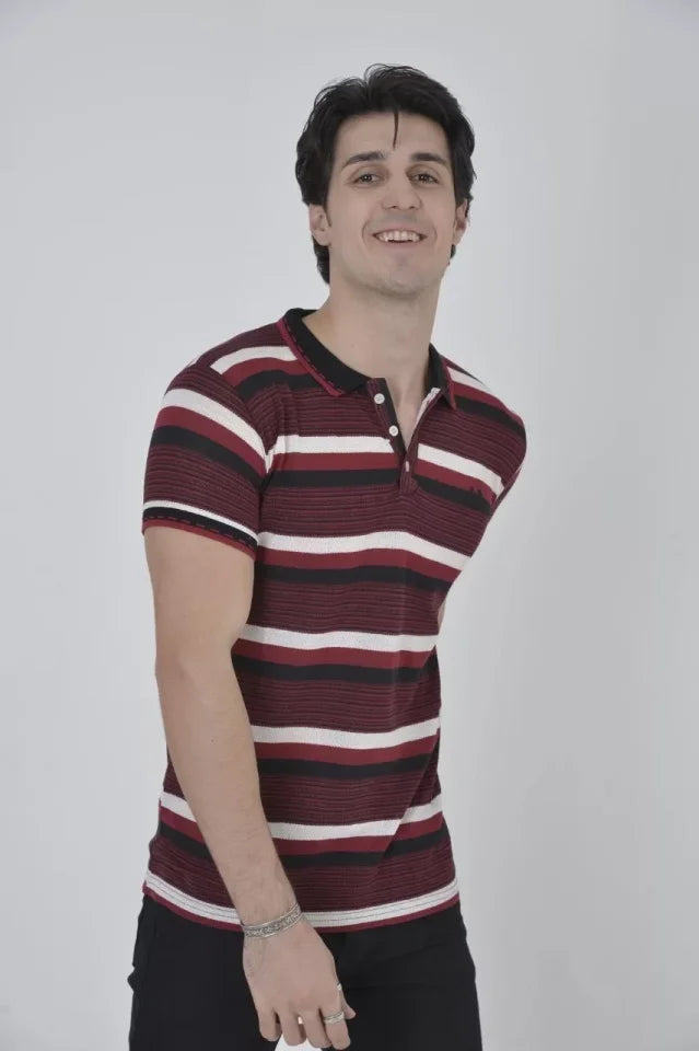 Erkek Yakalı Slim Fit Dokuma Çizgili T-Shirt - Bordo (97366)