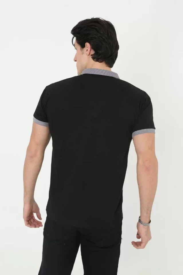 Erkek Yakalı Slim Fit Baskılı T-Shirt - Siyah (97385)