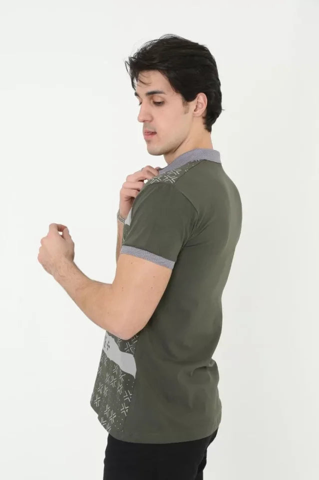 Erkek Yakalı Slim Fit Baskılı T-Shirt - Haki (97386)