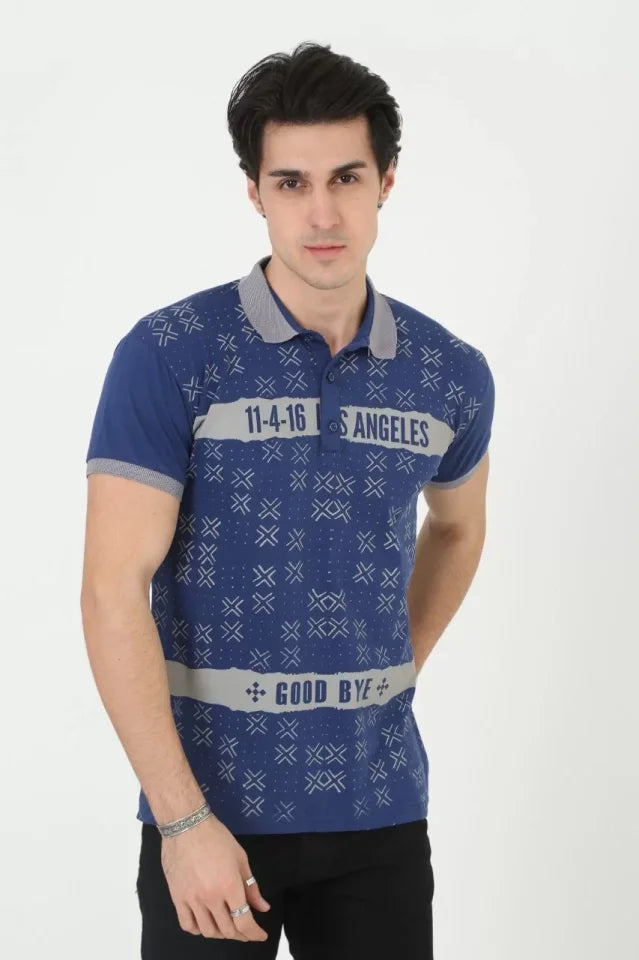 Erkek Yakalı Slim Fit Baskılı T-Shirt - Mavi (97388)