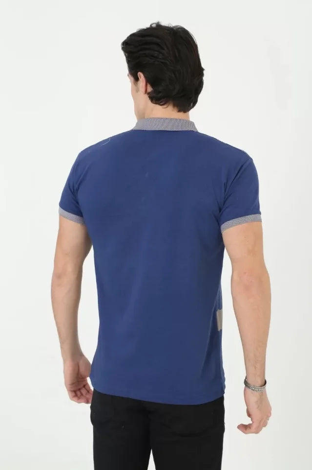 Erkek Yakalı Slim Fit Baskılı T-Shirt - Mavi (97388)
