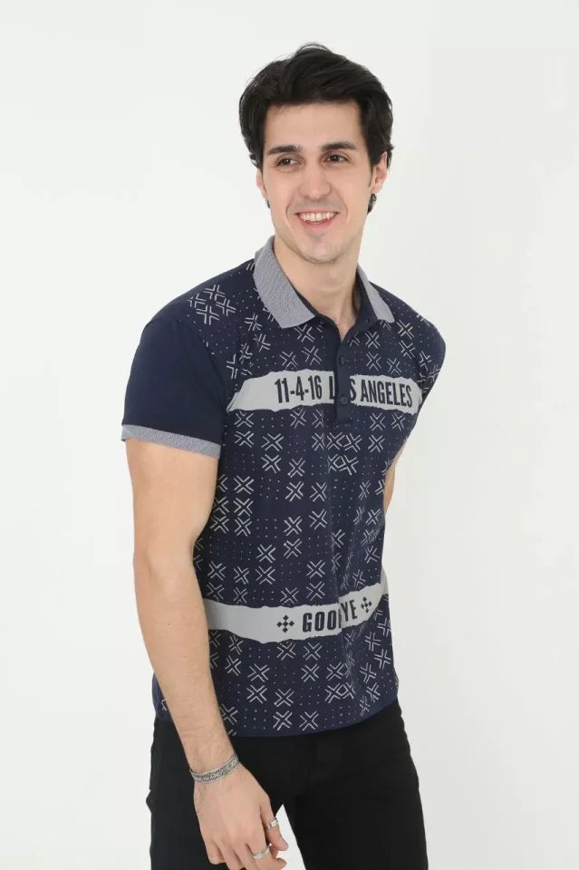 Erkek Yakalı Slim Fit Baskılı T-Shirt - Lacivert (97390)