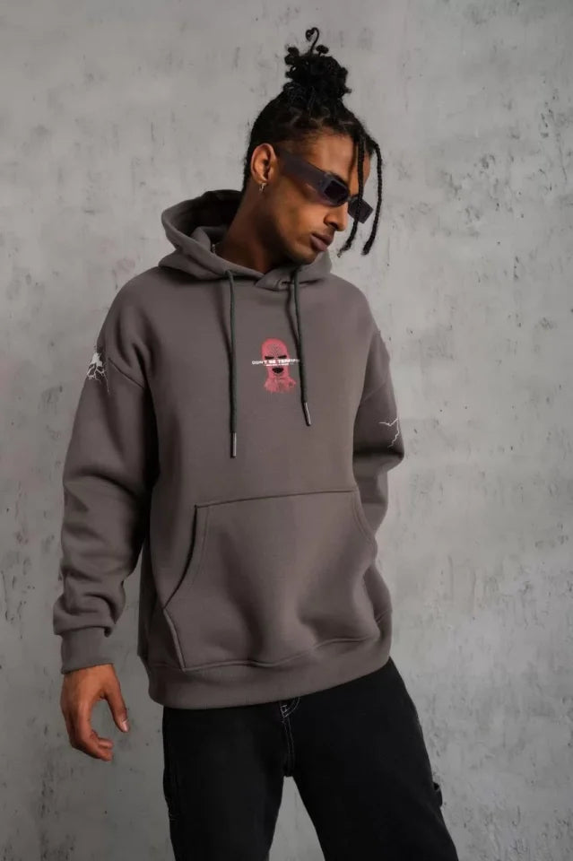 Erkek Maske Baskılı Kapüşonlu Sweat - Gri (97908)